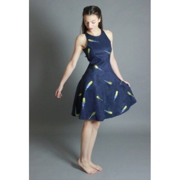 Jessie Zhao Dress Dark Blue Feathers Wolf Badger Embroidered Sleeveless Size S - Picture 1 of 9